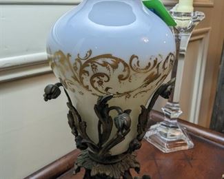 Vintage opaline glass table lamp, with elegant brass base.