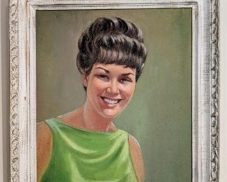OK, folks, HERE she IS!!                                                                 The Grande Dame of the maison, Miss Thing 1969!   How can you not love the sassy smile, plucked to death eyebrows and that fabby green sleeveless man-catcher she's sporting?                                                                                 Come on men (and some women) she's waiting for you! Original oil on canvas, by the famous portrait-painter-to- the-stars, FORWALD!