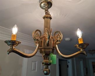 Wonderful vintage brass horny goat 3-light entry fixture.