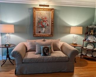  Brunschwig & Fils "Kensington Looseback" loveseat, pair of vintage bohemian crystal/marble/brass table lamps, with shades and finials, two round mahogany side tables, 1039's mahogany etagere and fabby original oil on canvas, by Tel Aviv artist A. (Amos) Rabin (1950 - ).