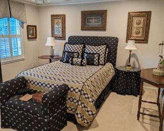 Guest bedroom, with queen sized bed, barely used ($$$) mattress (aren't they all??) custom bed linens from Eastern Accents, coordinating bench and skirted side table. There's also a vintage wooden side table with stretcher, pair of table lamps, vintage tilt-top table and various pieces of framed "art".