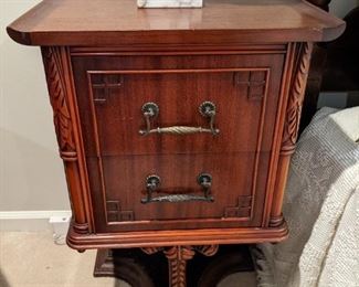 LOVE these 1930's carved, Asian-influenced mahogany 2-drawer nightstands!