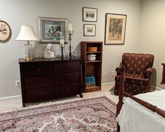 Contemporary 6-drawer dresser, vintage Madonna and child nightlight, pine bookshelf, comfy, upholstered armchair, Waterford table lamp and assorted art-y things. 