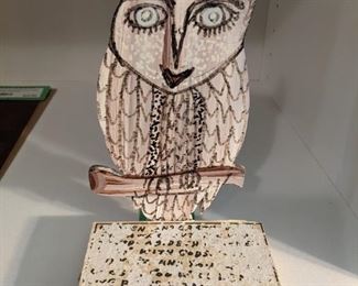 Original hand-painted wooden owl on stand, artist-signed by Howard Finster.