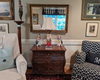 Vintage 1972, 3-drawer French bombé chest, with brass pulls, by Hickory Manufacturing Co., nice beveled glass wall mirror, with Asian porcelain lamp and pair of vintage Chelsea House Italian hand-painted parrots.