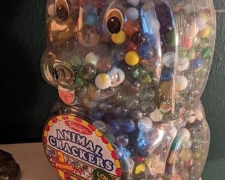 ANIMAL CRACKERS JAR FILLED WITH OLD MARBLES