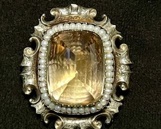 Item 1:  Antique 10K Gold, Citrine, & Seed Pearl Pin - 2" x 1":  $345