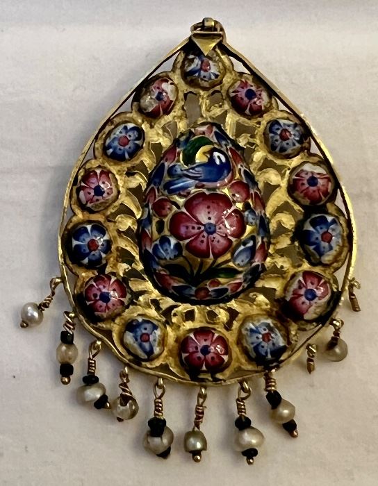 Item 6:  Antique 18K Enamel with Semi Precious Stones Pendant - 2.25":  $675