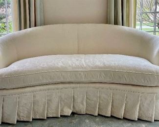 Item 34:  Pristine TRS Furniture, Curved Damask Sofa with Pleated Apron - 75"l x 25"w x 32"h:  $725