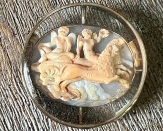 Item 39:  Unusual Antique 10K Pin with Carved Scene Encased in Glass - 1.25" x .5":  $795