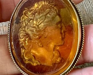 Item 42:  18K Gold Carved Amber Stone Cameo Pin - 1.75":  $595