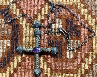 Item 46:  Antique Silver (tested) & Amethyst Cabochon Cross Necklace - 15":  $495