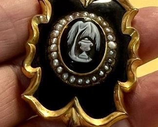 Item 55:  Antique 10K, Onyx, Cameo and Seed Pearl 19th c. Mourning Pin with Hair - 1.75":  $945