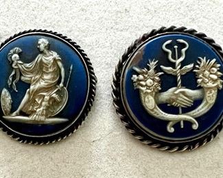 Item 85:  Antique Cameos, Wedgewood on the Right; Sterling Silver (please note the blemish on the Wedgewood near the cornucopia on the left): $145 for both