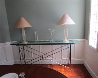 Steel and glass table with Simon Pearce glassware & 2 Italian hand blown Murano lamps by John Hutton for Donghia