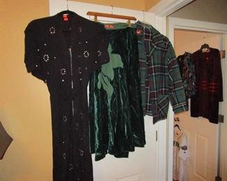 Some vintage clothing including 1940's Rayon zip black dress.