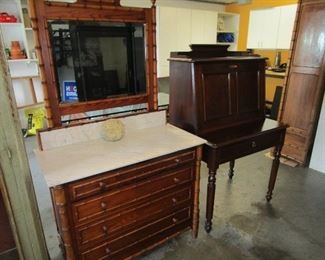 Antique "bamboo" and marble dresser, antique fold out desk