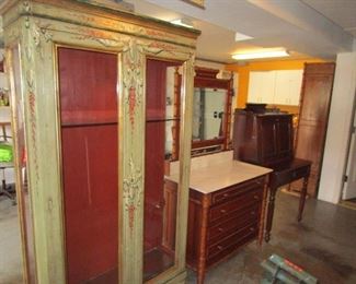 Painted vintage curio with glass shelves, perfect