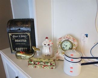 Antique coffee bin, celluloid box, cookie jar and antique clock