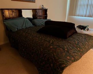 Queen size water bed frame with mattress  in place of water bed, vintage style headboard Side storage and drawers