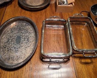 Sterling silver plated tray and 2 casserole servers