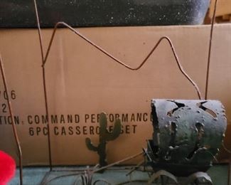 Vintage Metal Cactus and Cart, Covered Wagon