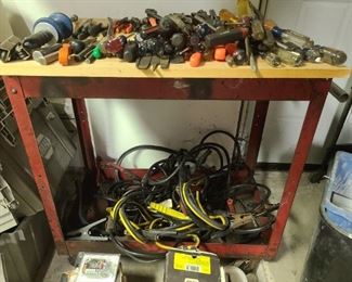 Socket Wrench, Screw Drivers, Solder gun, drills, jumper Cables, Sold Red Rolling Cart