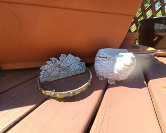 Vintage Bunny Flower pot & Bird Bath & Cardinal resin 