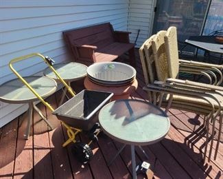 3 small outdoor side tables, spreader, vintage bench that makes into a table, 4 outdoor wicker like chairs
