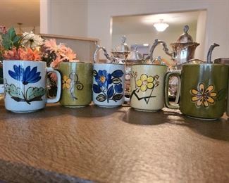 Vintage Coffee Mugs, Flower Pattern, Hand Painted