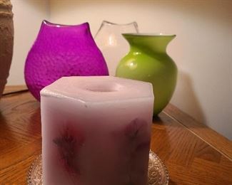 3 Colored Glass Vases, and Candle with holder