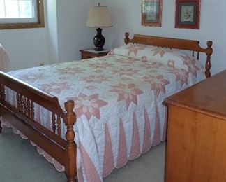 MAPLE QUEEN BED HEADBOARD & FOOTBOARD & RAILS AND MATTRESS -
