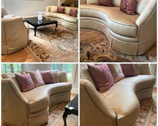 Raw silk, elegant loveseats. Great curves, shape and style. Pleated front and back. Boths sofas are in good condition but do have slight imperfections from general use. More pics available. Pair $800