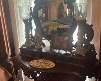 Vanity bench; ornate antique mirrored vanity