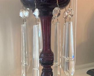 Dark red candle holder with lusters