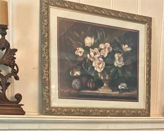Matching candle holders; framed magnolia art 