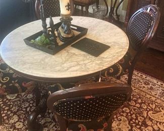 Marble top table - comfortable for 4 people; 4 custom upholstered chairs