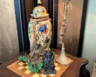 Colorful urn; game table; 3 panel room divider