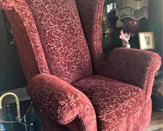 High back upholstered red/gold chair