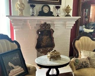 Victorian chairs; marble top antique harp base side table