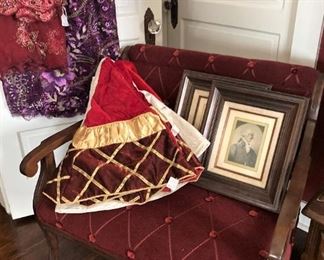 Antique settee; Christmas tree skirts