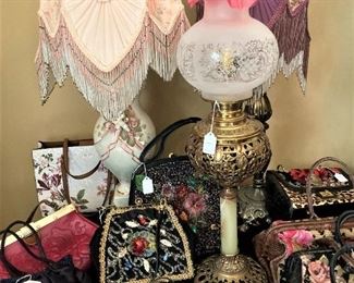 Beaded purses; vintage lamps