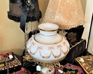 More beaded purses; vintage lamps