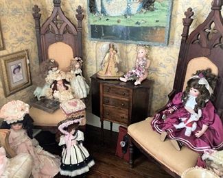 Additional dolls; pair of Gothic style chairs