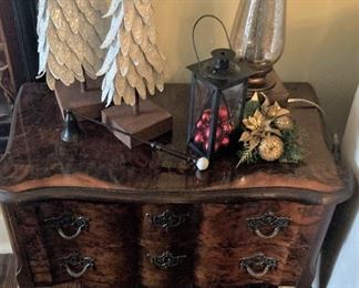 Small 2-drawer side table; Christmas decorations