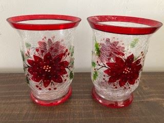 Two Poinsettia Crackle Glass Candle Holders 6x4