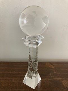 Crystal Globe on Japanese Dragon Etched Pillar, Has chips 9.5"