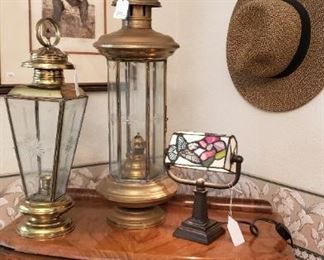 Vintage small curio, brass/glass etched lamps
