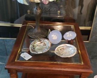 wood and glass top end table, accessories