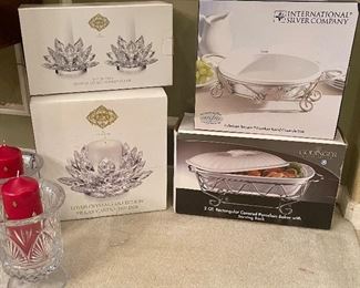 New in Box Shannon Crystal Lotus Candle Holders, Godinger Casserole, International Silver Casserole 
